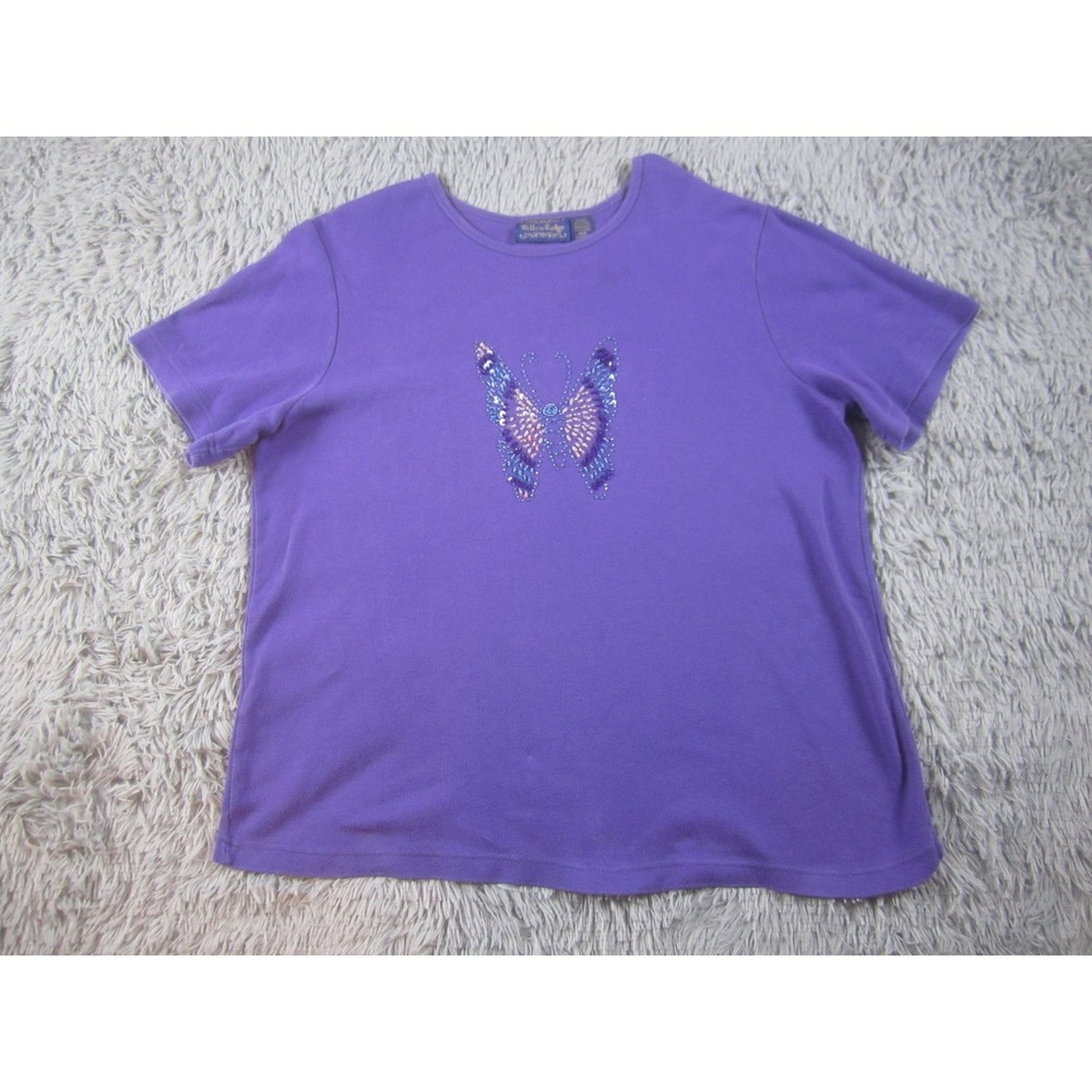 Willow Ridge Shirt Womens 1XW Purple Butterfly Sequin Beaded Short Sleeve Tee